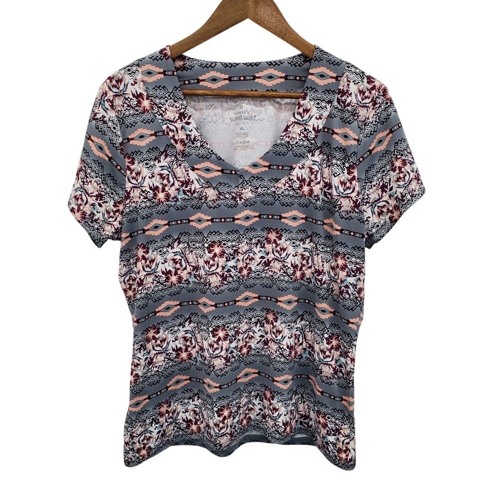 Vanity Womens Super Soft Aztec Short Sleeve V-Neck T-Shirt Size XL‎ Gray Casual